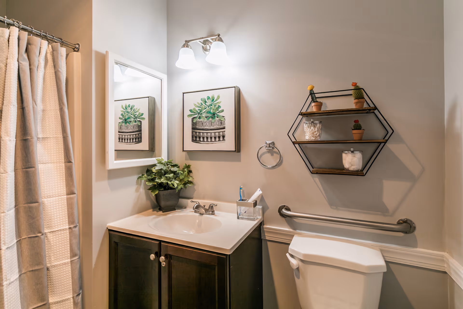 A small bathroom featuring a sink vanity with mirror and plant, a toilet with a grab bar, hexagonal wall shelves, and a shower curtain.
