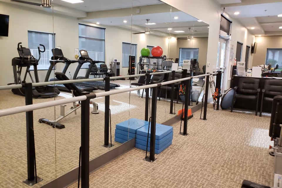 Interior fitness room with treadmills, parallel bars, mirrored wall, exercise mats and stability balls.