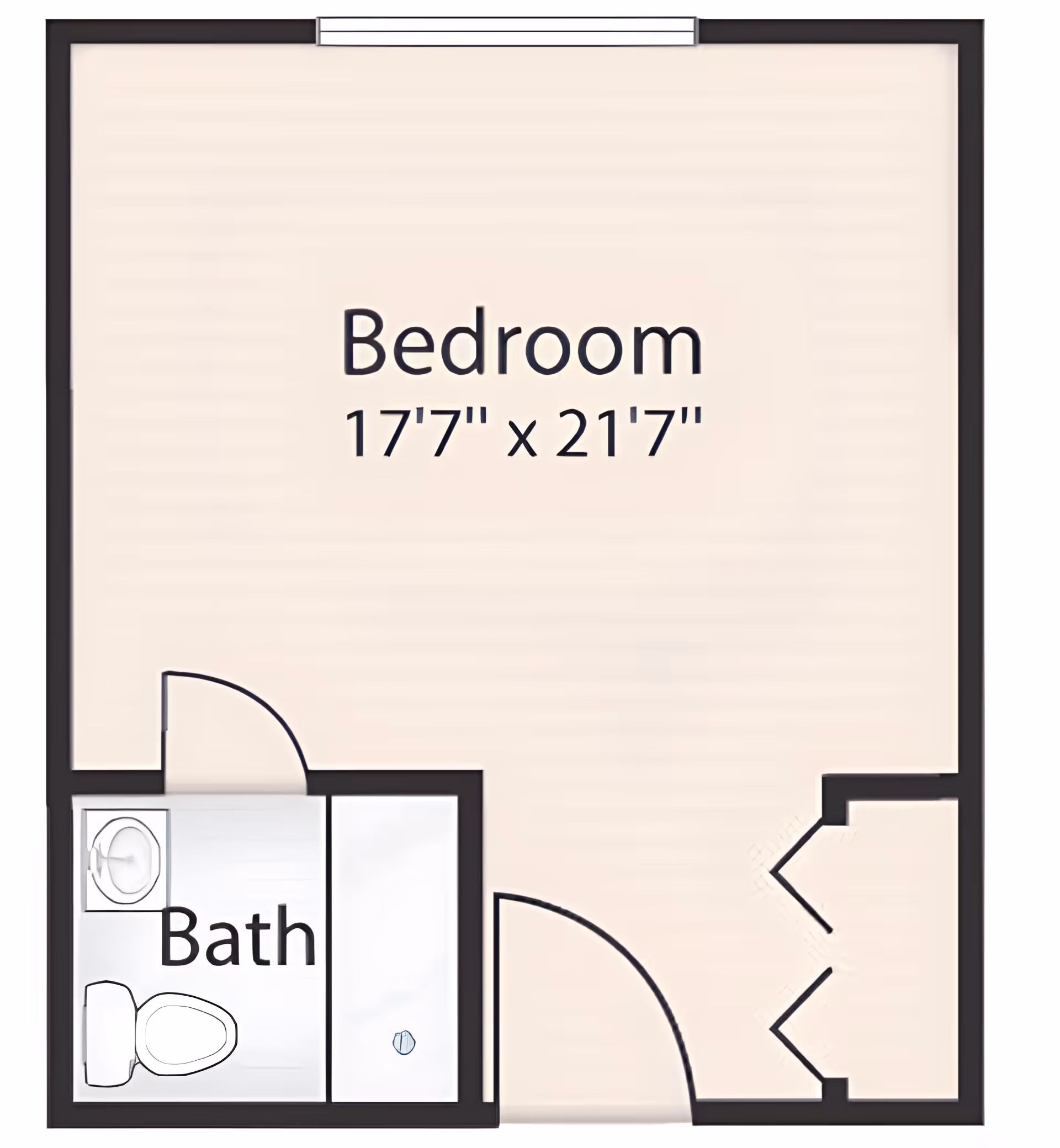 Floor plan layout showing a bedroom measuring 17 feet 7 inches by 21 feet 7 inches with an attached bathroom including a toilet and sink.