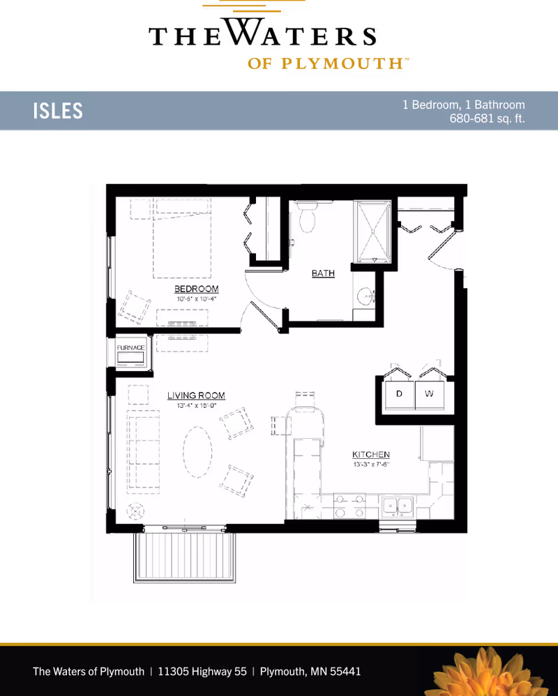 Floor plan of a one-bedroom, one-bathroom apartment named Isles at The Waters of Plymouth, showing the layout with labeled bedroom, bathroom, living room, kitchen, furnace, and washer/dryer area.