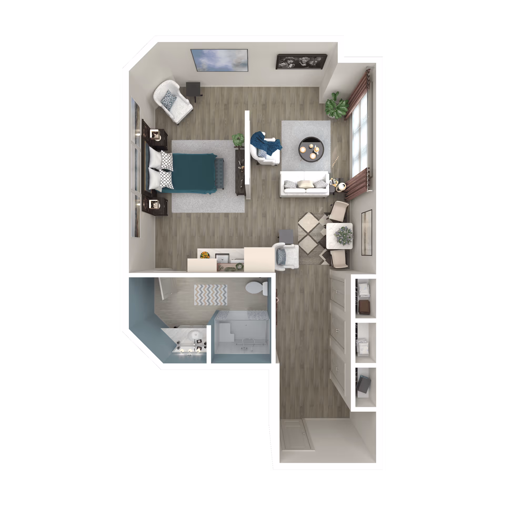 3D floor plan of a senior living apartment at Oaks at West Cobb showing a bedroom with a bed, armchair, and nightstands; a living room with a sofa, armchairs, coffee table, and side table; a small dining area with two chairs and a table; a bathroom with a shower, toilet, and sink; and a hallway with closets and shelves.