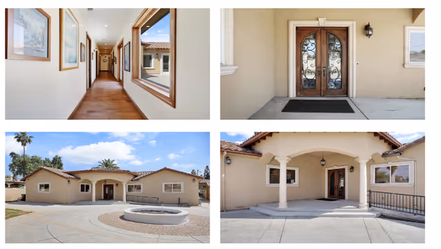 A collage of four images showing different views of the exterior and interior hallway of Little Brook Care Home 1. The top left image shows a long indoor hallway with wooden floors, framed pictures on the walls, and a large window looking out to an outdoor courtyard. The top right image shows a close-up of a double wooden door entrance with decorative glass panels and a black doormat. The bottom left image shows the front exterior of the building with a circular driveway and a fire pit in the center, under a blue sky with some palm trees in the background. The bottom right image shows a covered porch area with two white columns, a double wooden door entrance, and a ramp with railings leading up to the door.