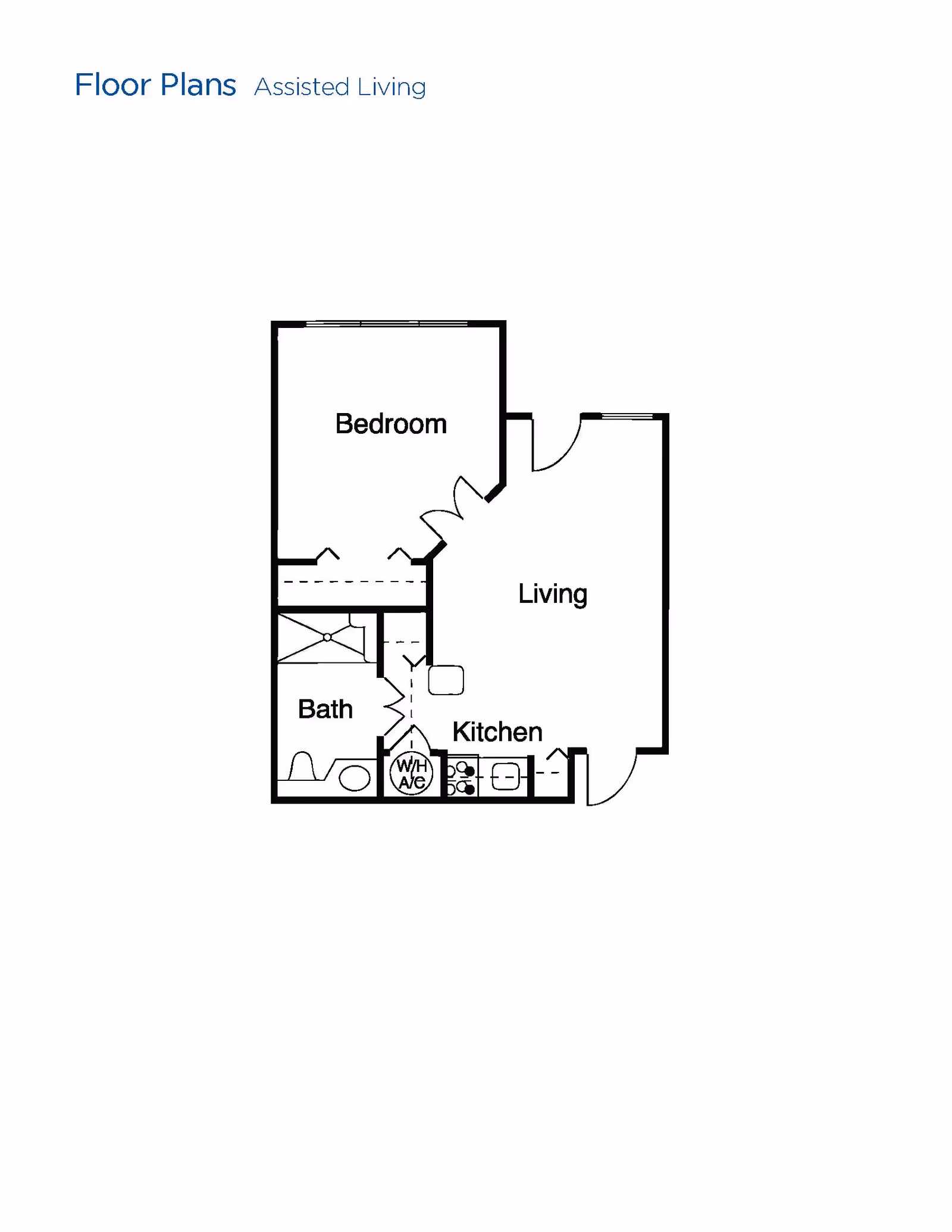 Floor plan layout for an assisted living unit at Brookdale Club Hill showing a bedroom, living area, kitchen, and bathroom with labeled rooms and fixtures.