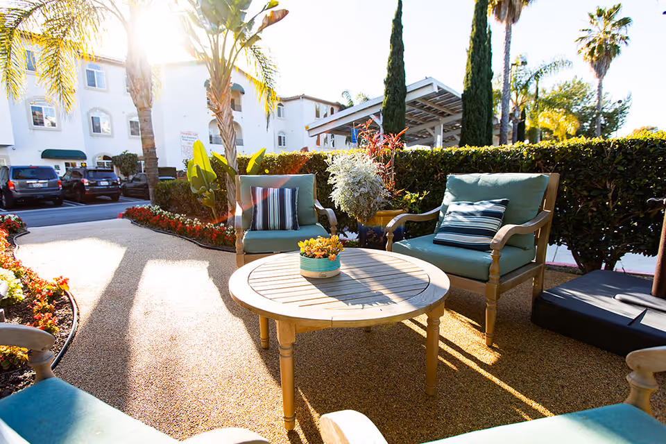 Outdoor seating area with wooden chairs featuring green cushions and striped pillows around a round wooden table with a small flower pot. The area is surrounded by plants, palm trees, and a hedge, with a building and parked cars visible in the background under bright sunlight.
