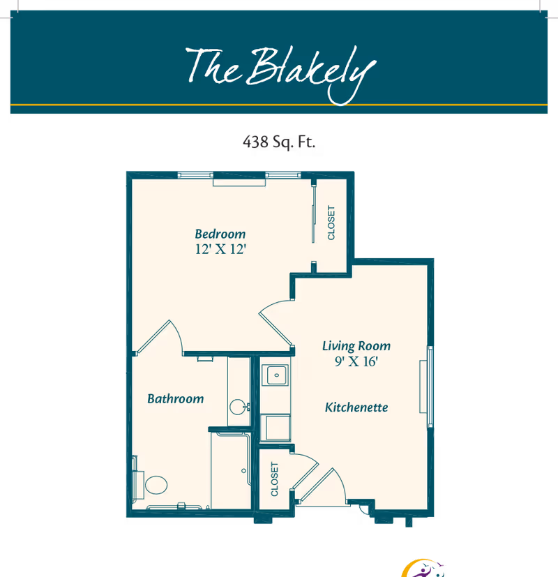 Floor plan titled The Blakely showing a 438 square feet layout with a 12 by 12 feet bedroom, a bathroom, and a living room with kitchenette measuring 9 by 16 feet. The plan includes closets in the bedroom and near the entrance.