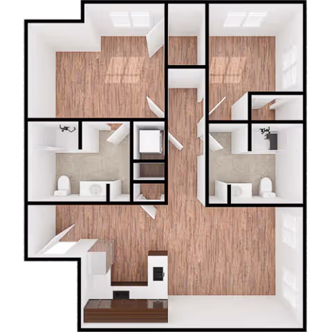 3D floor plan of a residential unit showing multiple rooms including two bathrooms, a kitchen area with appliances, and several other rooms with wood flooring and windows.