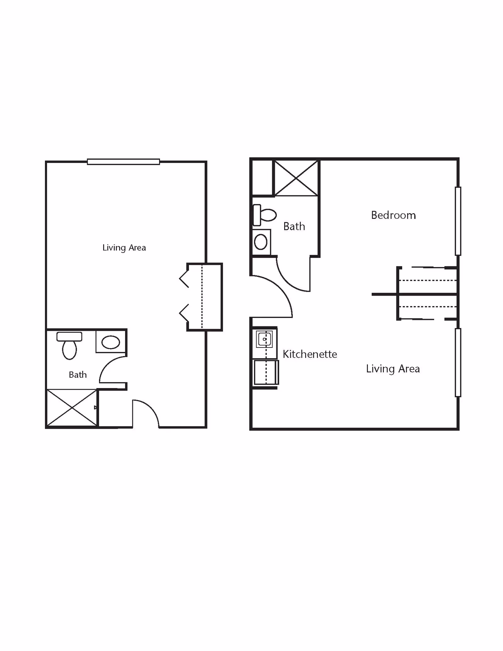Architectural floor plan showing two layouts. The left layout includes a living area and a bath. The right layout includes a bedroom, bath, kitchenette, and living area.