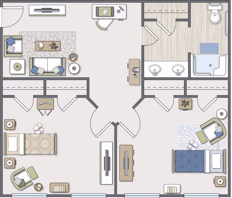 Architectural floor plan of a two-bedroom living space with a living room, bathroom, closets, and furniture including beds, chairs, tables, and TVs.