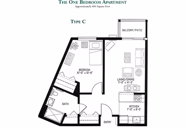 Floor plan of a one-bedroom apartment labeled Type C, approximately 684 square feet. The layout includes a bedroom measuring 10 feet by 10 feet 6 inches, a bathroom, an entry area, a kitchen measuring 7 feet by 8 feet, a combined living and dining area measuring 11 feet by 14 feet 5 inches, and a balcony or patio.