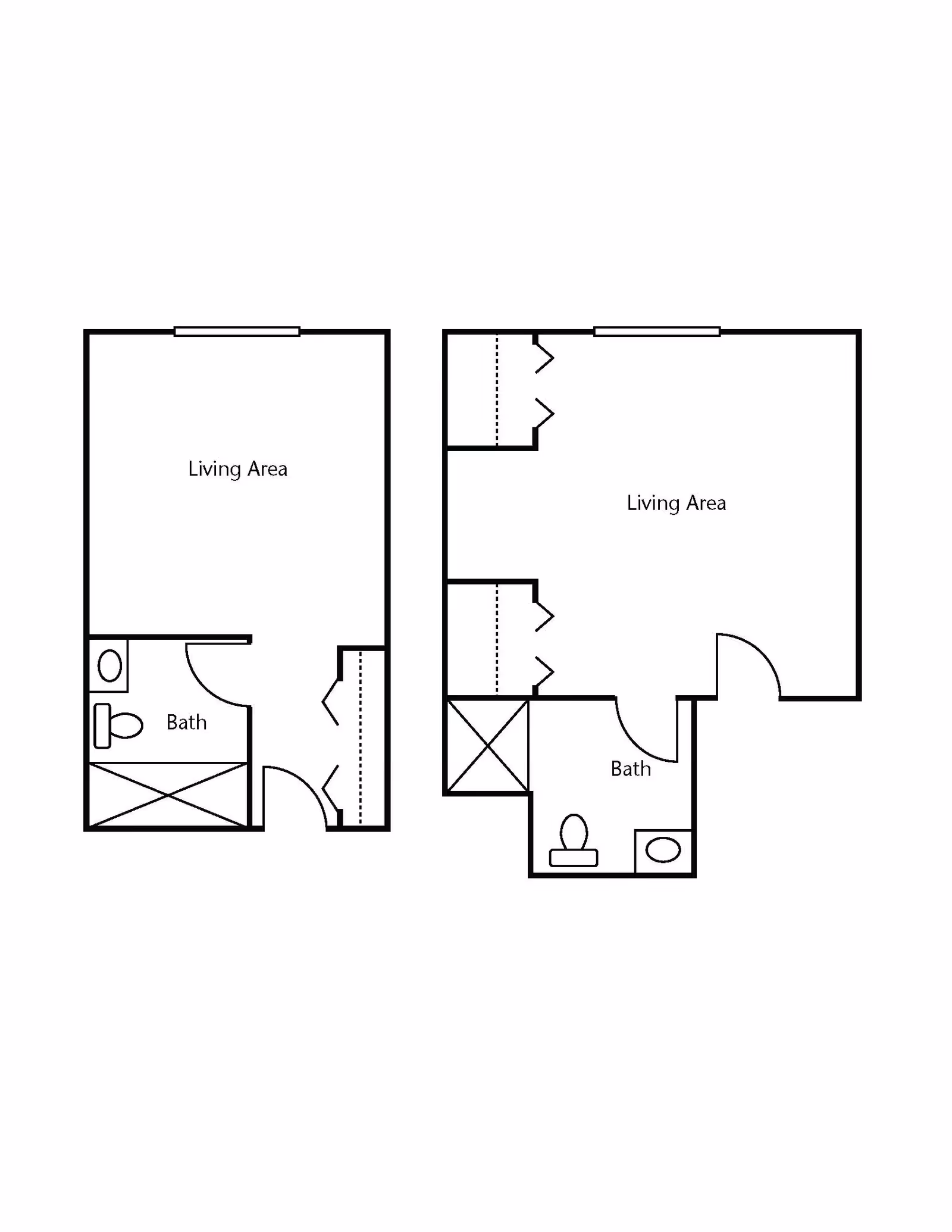 Black and white architectural floor plan showing two layouts, each with a living area and a bathroom. The left layout has a living area with a bathroom in the bottom left corner. The right layout has a larger living area with two closets and a bathroom in the bottom center.
