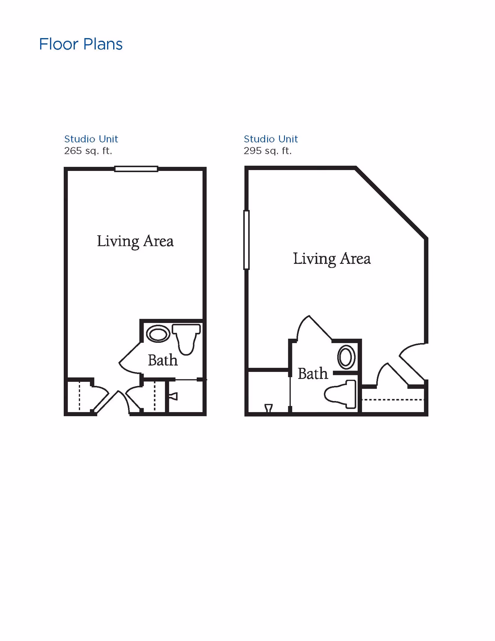 Floor plans of two studio units at Brookdale Reynolda Road. The first studio unit is 265 sq. ft. with a living area and a bathroom. The second studio unit is 295 sq. ft. with a living area and a bathroom, featuring a slightly angled wall.