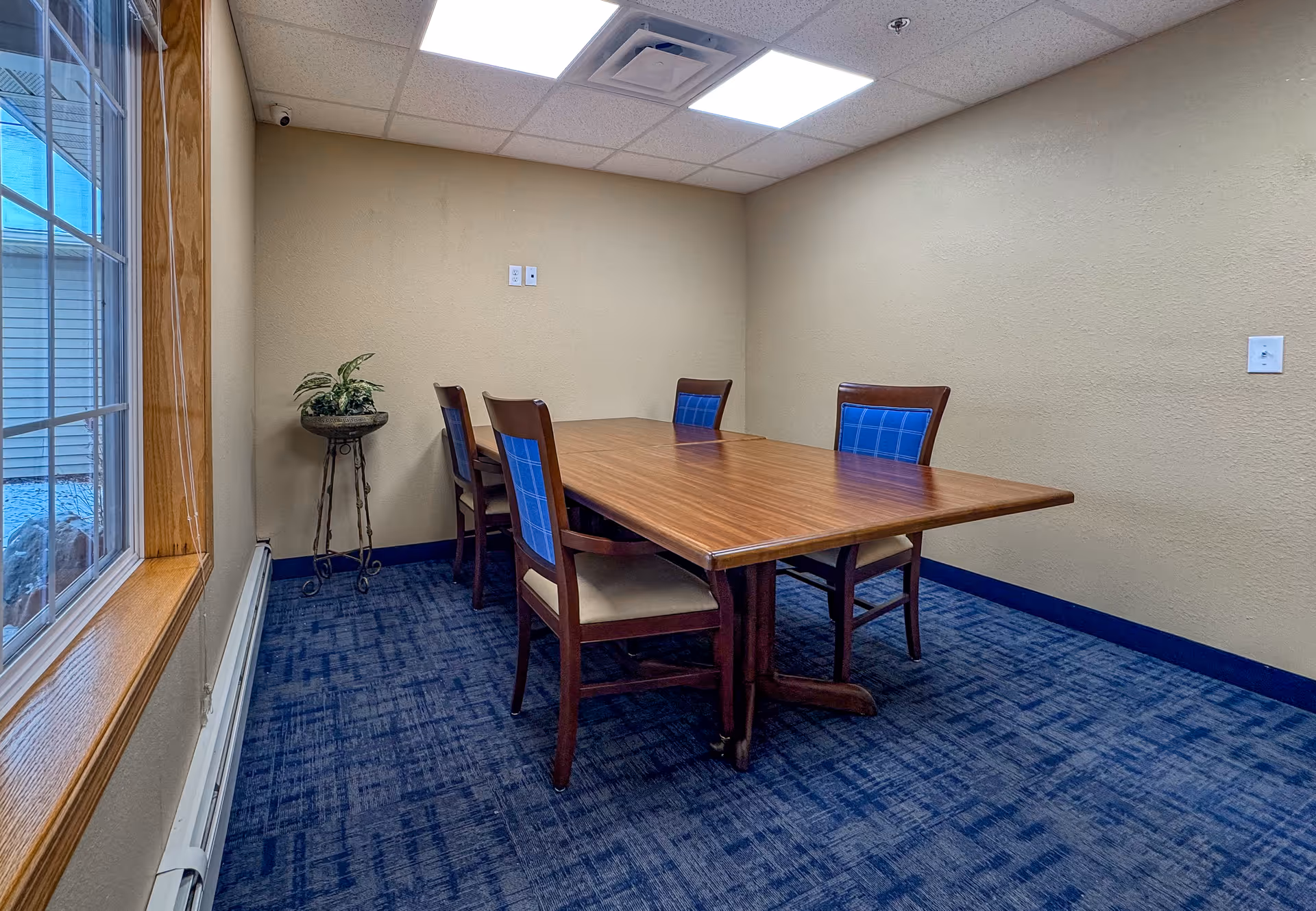 A small meeting or dining room with a wooden table and four chairs with blue cushioned backs. The room has beige walls, a blue carpeted floor, a large window with wooden trim, and a potted plant on a metal stand in the corner.