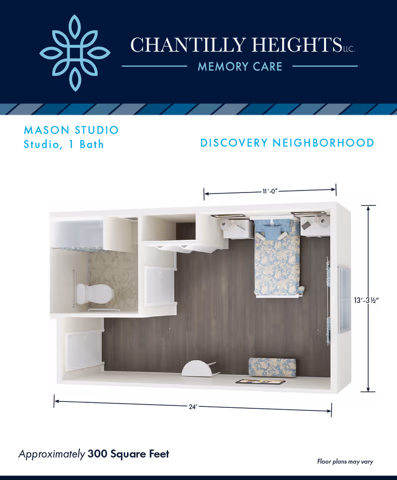 Floor plan of Mason Studio at Chantilly Heights Memory Care, showing a studio layout with one bathroom. The room includes a bed, two nightstands, a bench, a desk with a chair, and a bathroom with a toilet and shower. The total area is approximately 300 square feet.