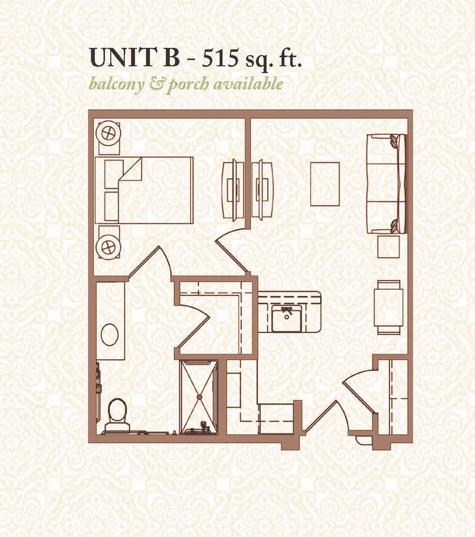 Floor plan of Unit B, a 515 square feet apartment with a balcony and porch available. The layout includes a bedroom with a bed and two nightstands, a bathroom with a toilet and shower, a kitchen area with a sink and counter, and a living room with a sofa, coffee table, and side table.