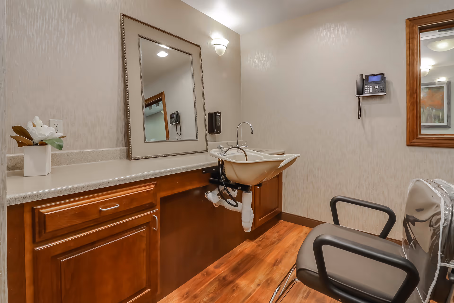 Interior view of a hair washing station in a senior living facility with a reclining chair, a white sink attached to a wooden cabinet, a large mirror on the wall, a telephone mounted on the wall, and a small potted plant on the countertop.
