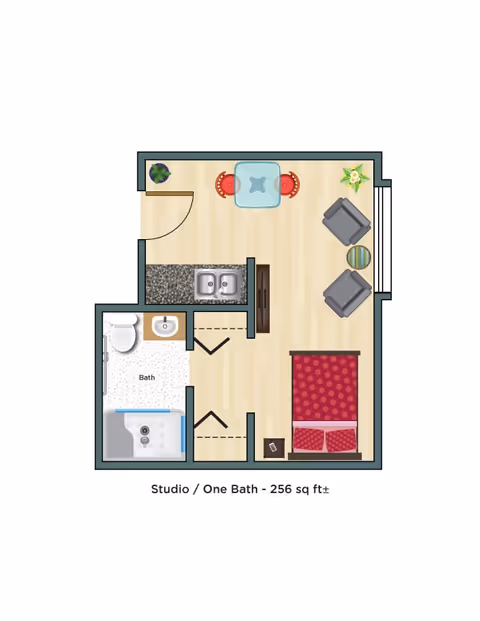 Top-down floor plan of a 256 sq ft studio apartment showing a living area with chairs and table, a kitchenette with sink, a bed, and one bathroom.