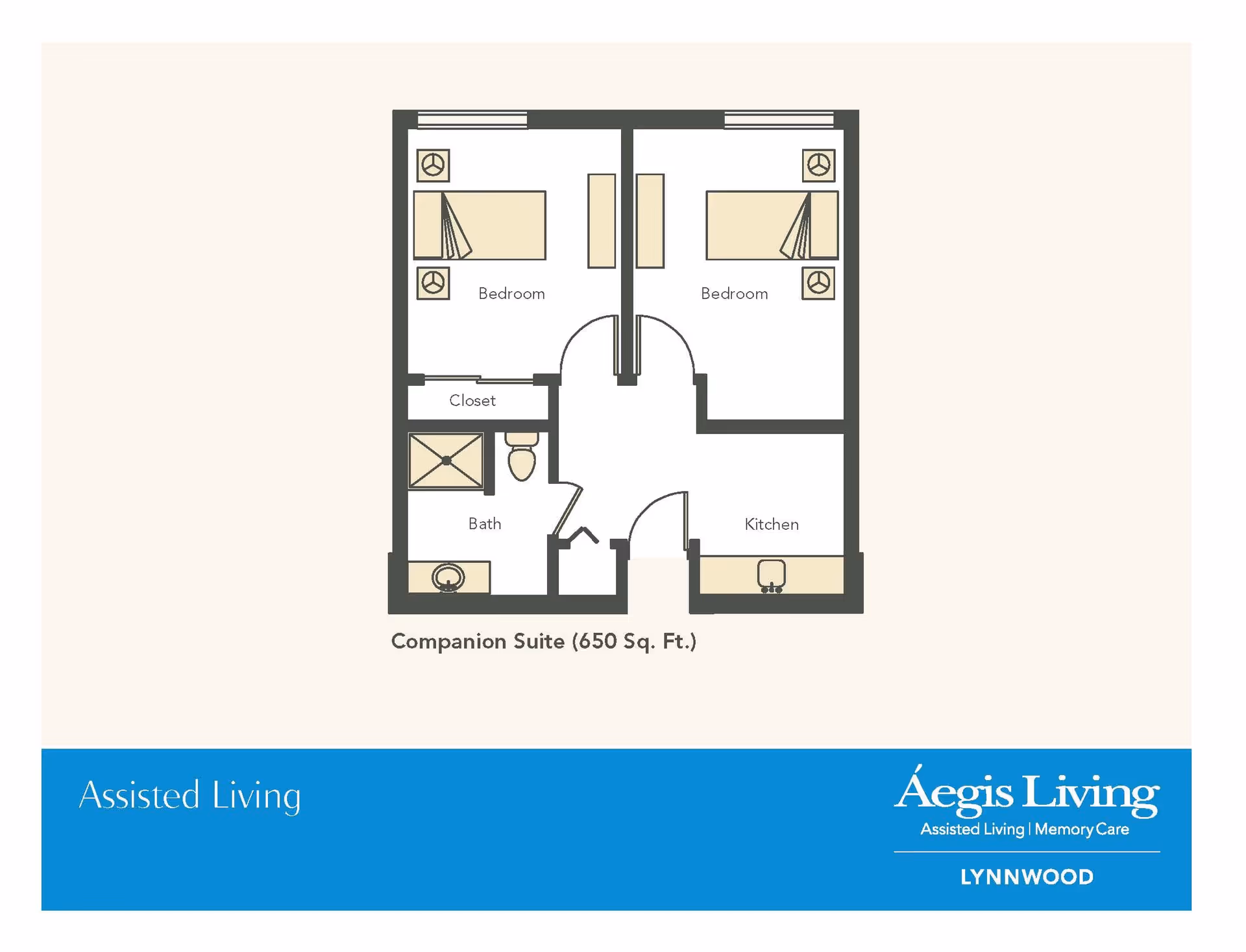 Floor plan of a companion suite at Aegis Living Lynnwood showing two bedrooms, a closet, a bathroom, and a kitchen in a 650 square feet layout.