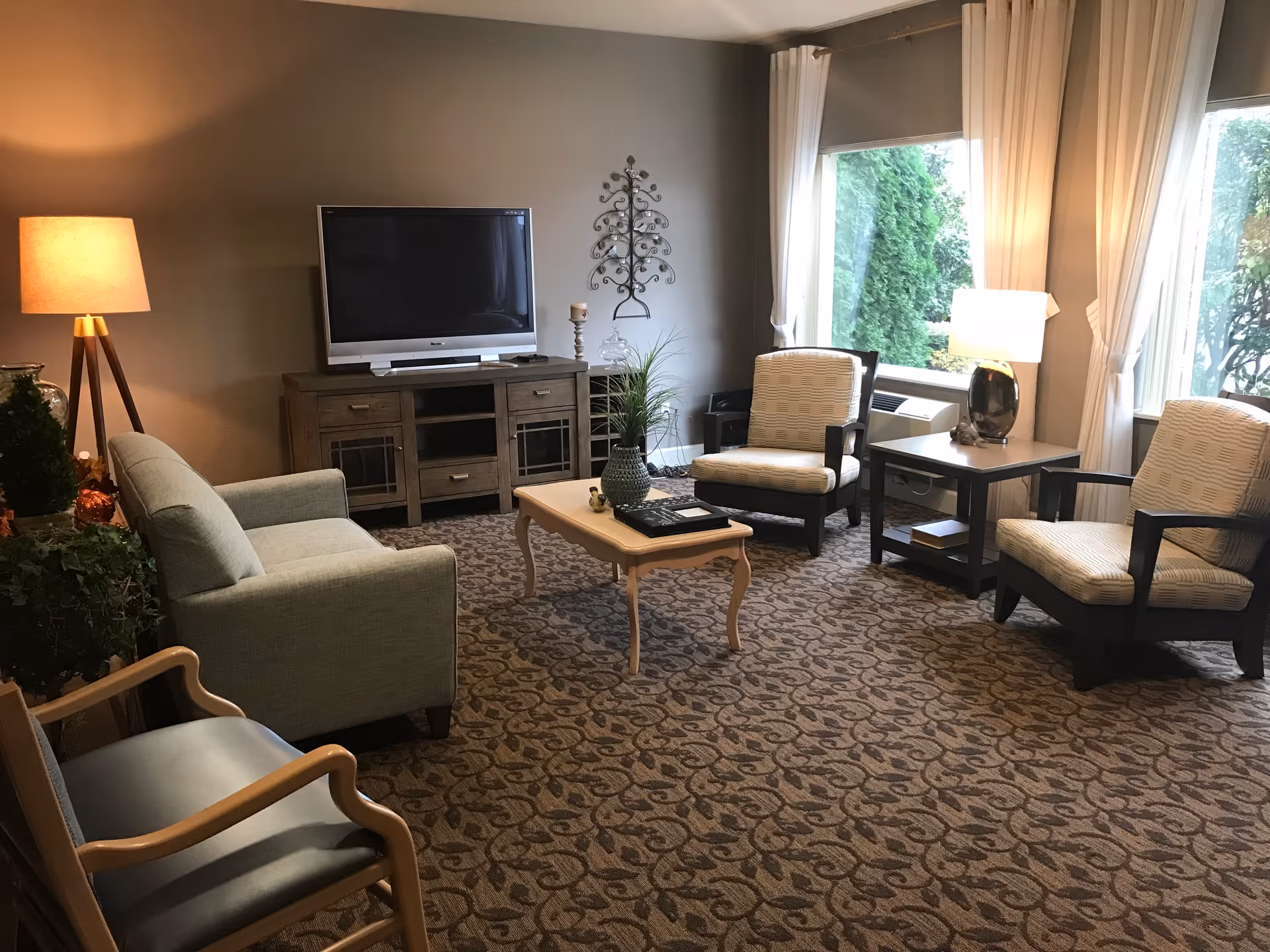 A cozy living room with a patterned carpet, a gray sofa, two cushioned armchairs, a wooden coffee table with a plant and books, a TV on a wooden stand, a floor lamp, a table lamp on a side table, and large windows with white curtains showing greenery outside.