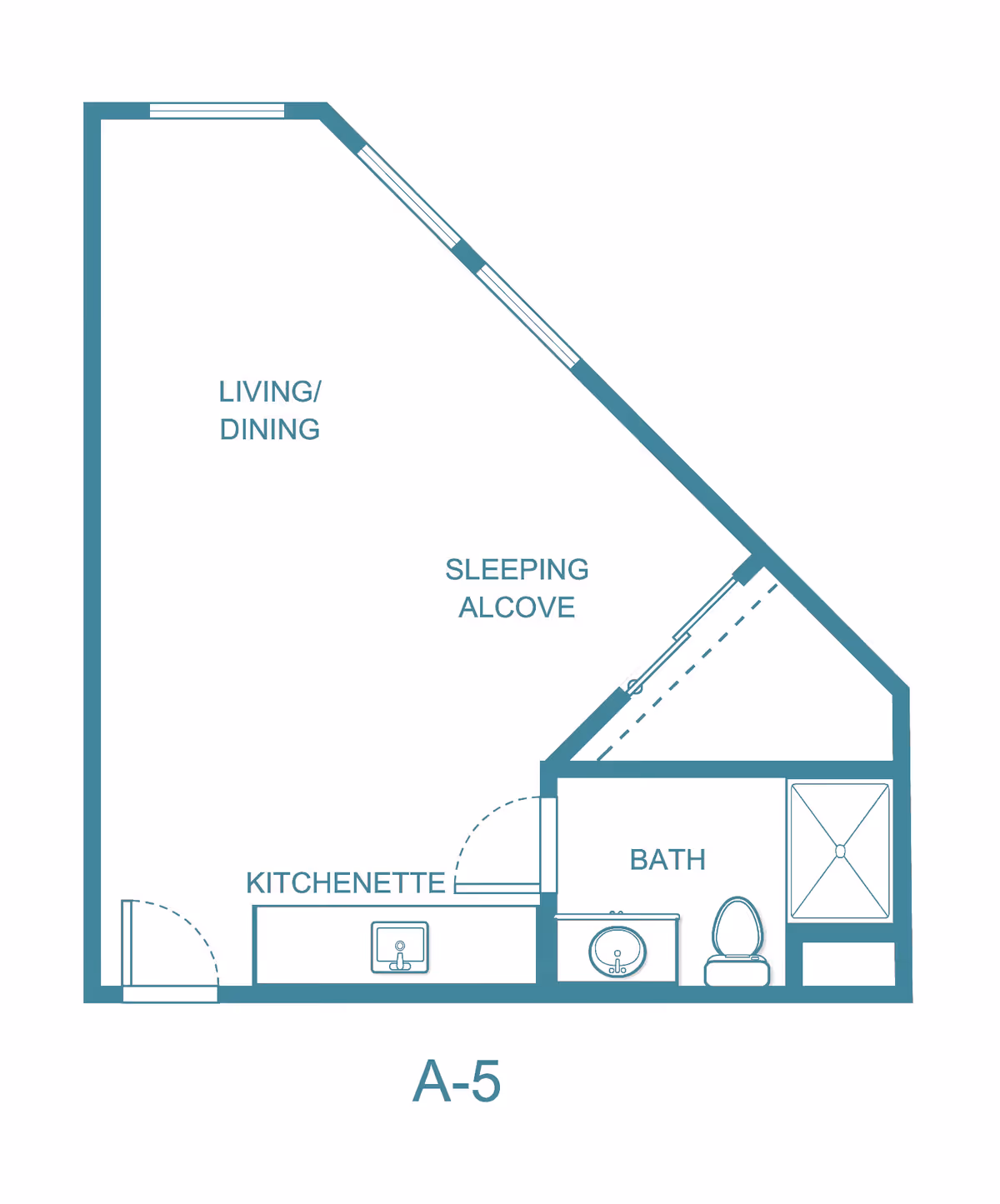 Floor plan layout labeled A-5 showing a living/dining area, sleeping alcove, kitchenette, and bathroom with a shower, sink, and toilet.