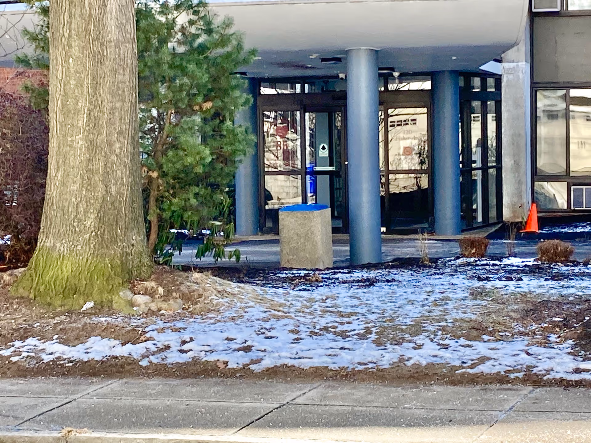 Entrance of Edgar P. Benjamin Healthcare Center showing glass doors supported by blue pillars, a large tree trunk on the left, some snow on the ground, and a sidewalk in front.