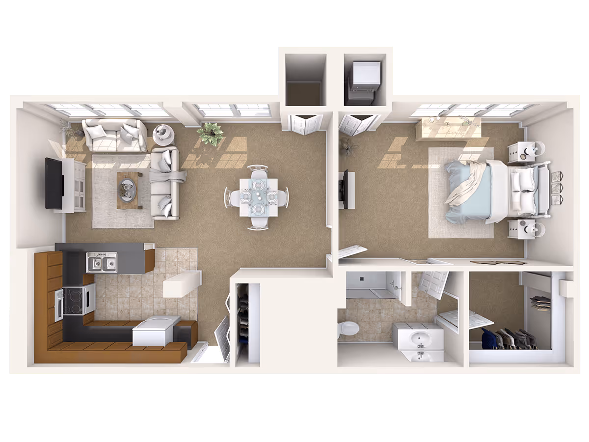 Top-down view of a one-bedroom apartment floor plan featuring a living room with two sofas and a TV, a dining area with a table and four chairs, a kitchen with appliances and cabinetry, a bedroom with a bed and nightstands, a bathroom with a shower, toilet, and sink, and a walk-in closet.
