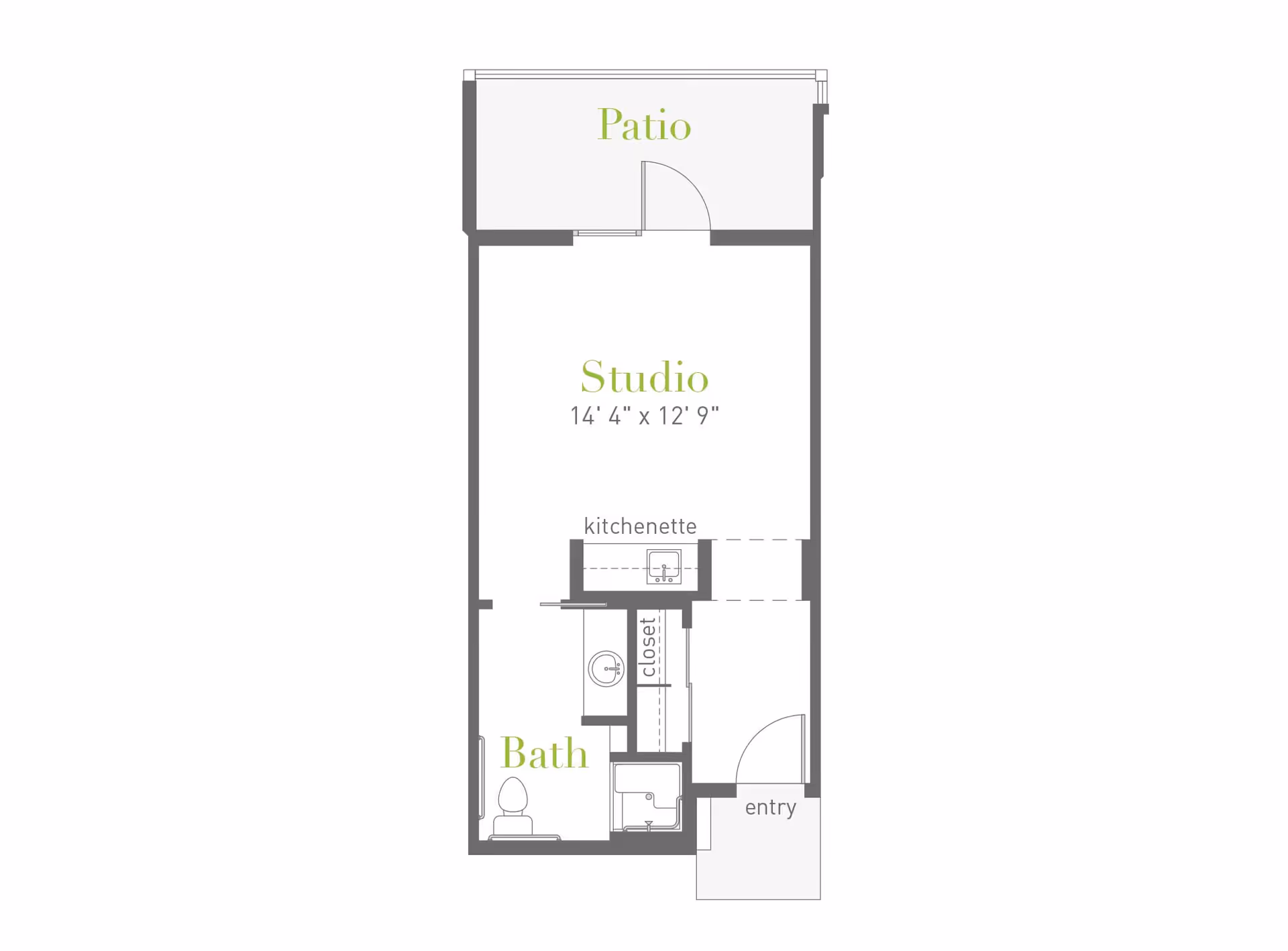 Floor plan of a studio apartment at Clearwater Agritopia showing a patio, studio area measuring 14 feet 4 inches by 12 feet 9 inches, a kitchenette, a bathroom with toilet and sink, a closet, and an entryway.