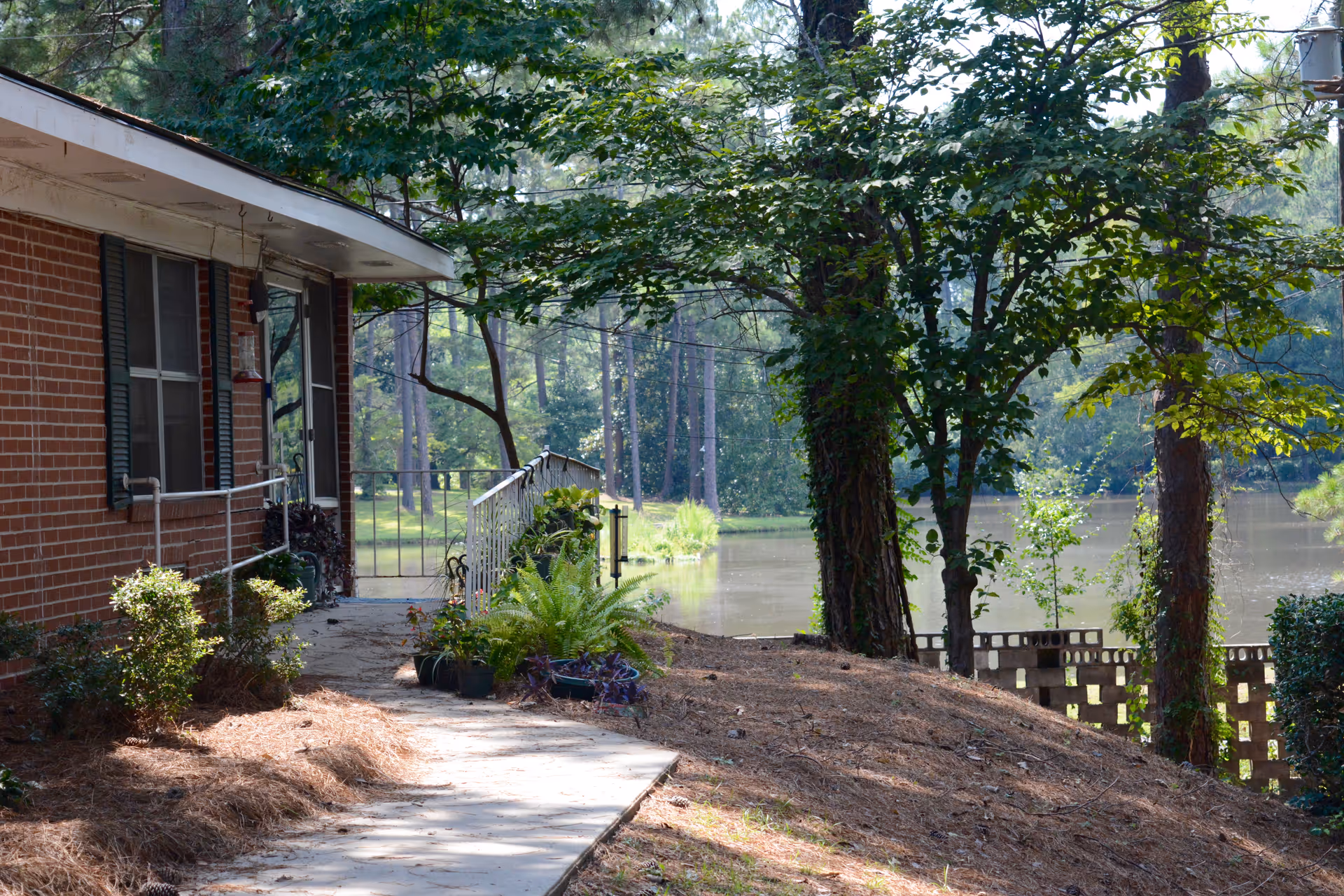 A view of the pathway leading to a nursing facility surrounded by greenery and a pond.