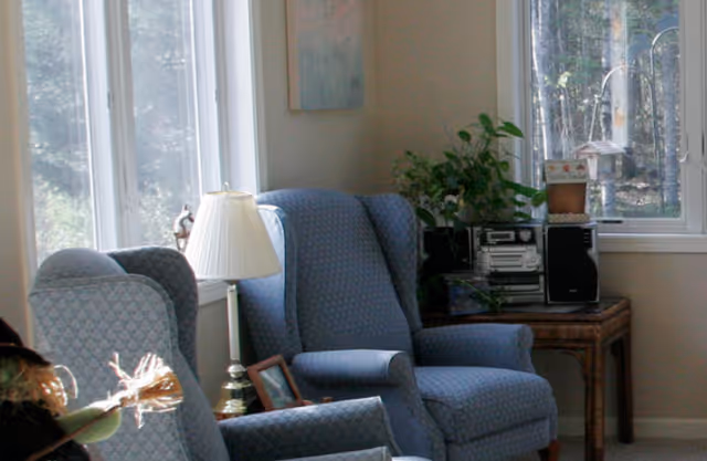 A cozy interior corner with two blue upholstered armchairs next to a window. A small table between the chairs holds a lamp and a framed photo. Another wooden table nearby has a stereo system, a plant, and a bird feeder visible through the window.