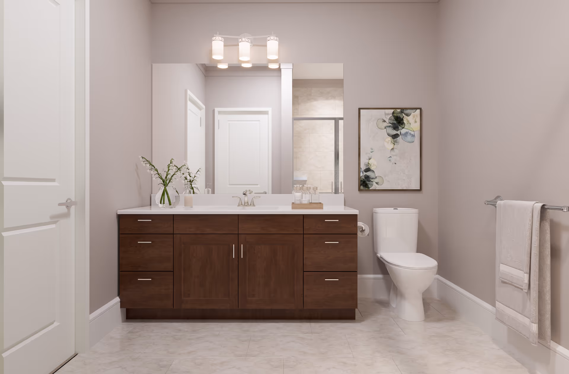 Modern bathroom with a wooden vanity and sink, large mirror, toilet, and neutral-toned walls and floor.