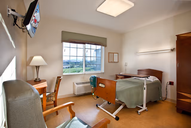 A well-lit nursing facility room with a single hospital bed covered in a green blanket, a wooden chair with armrests, a small wooden desk with a lamp, a wall-mounted television, a window showing an outdoor view, and a wooden wardrobe.