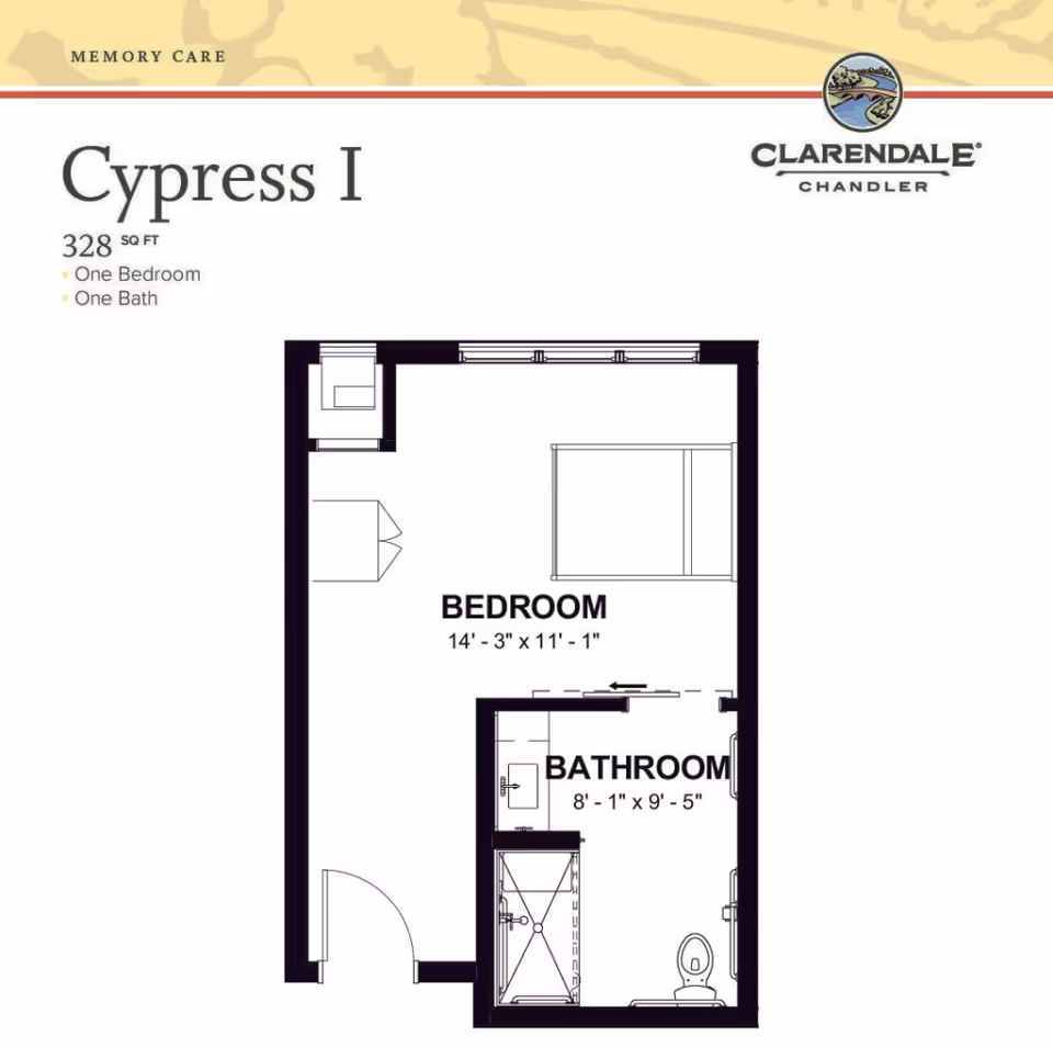 Black-and-white floor plan titled "Cypress I" showing a 328 sq ft one-bedroom, one-bath apartment layout with labeled bedroom and bathroom.