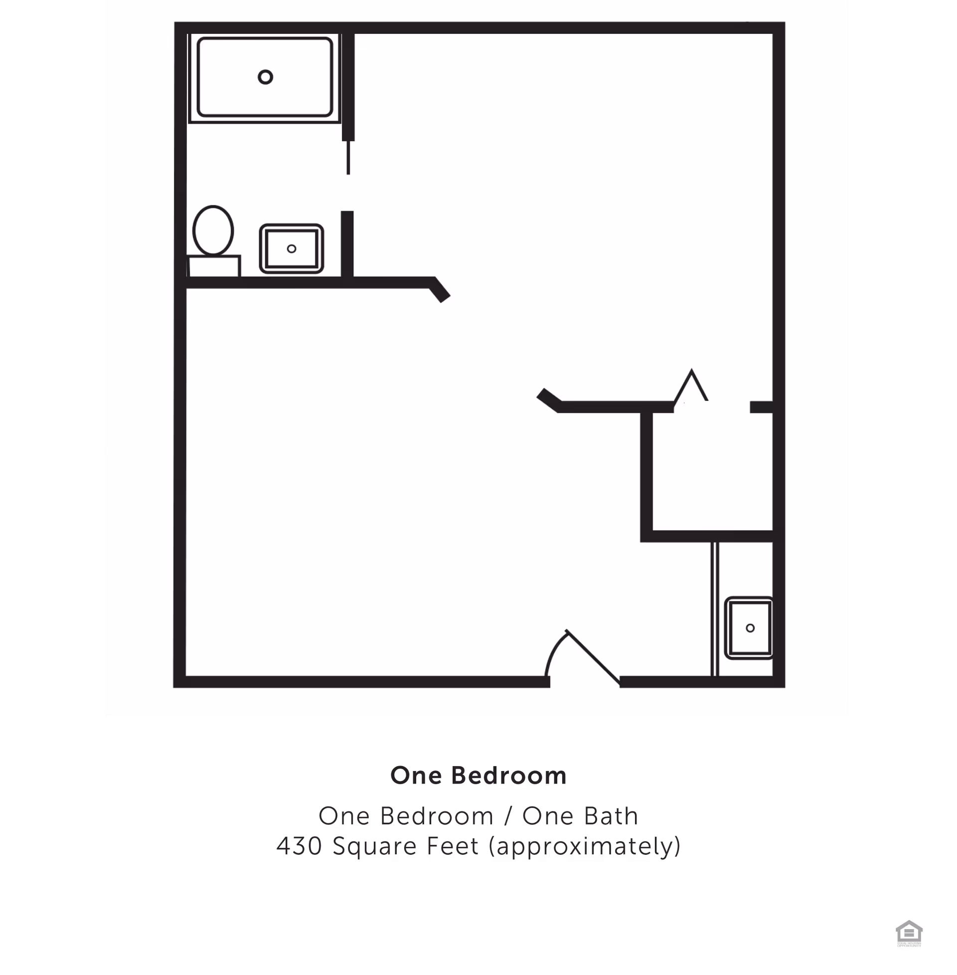 Black-and-white floor plan diagram of a one-bedroom, one-bath apartment (430 sq ft).