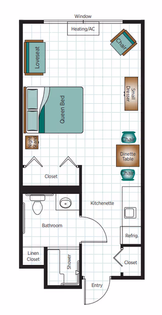 Floor plan of a senior living apartment featuring a queen bed, loveseat, night stand, two closets, a bathroom with shower and linen closet, kitchenette with refrigerator, small dresser, dinette table with two chairs, and an entry door. The room has a window with heating/AC unit.