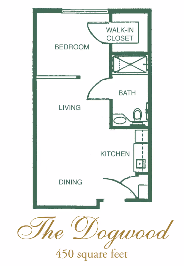 Floor plan of a 450 square feet living space named The Dogwood, showing areas labeled Bedroom, Walk-In Closet, Bath, Kitchen, Living, and Dining.