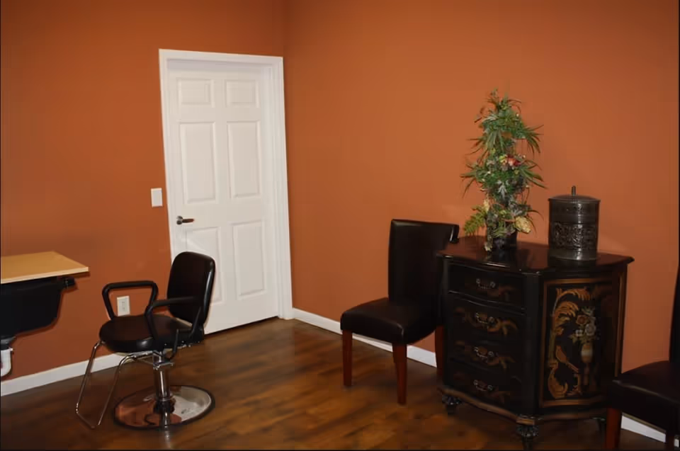 Interior room with orange walls and wooden floor featuring a white door, a black salon chair with armrests, two black leather chairs, and a black decorative cabinet with floral designs topped with a plant and a decorative container.