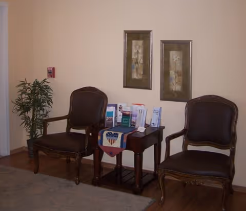 Two dark upholstered wooden chairs flank a small table with brochures and a decorative runner against a beige wall with framed artwork and a potted plant.