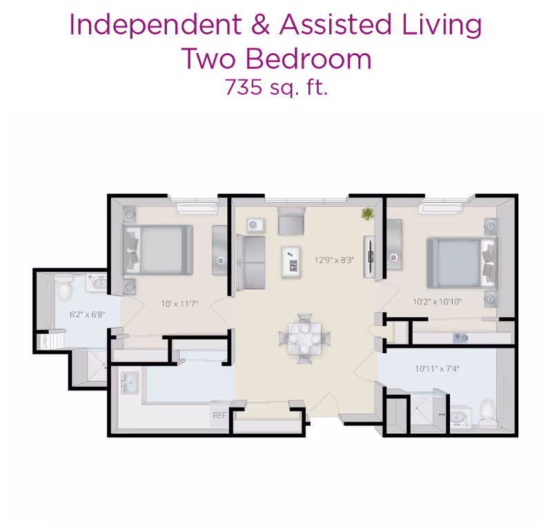 Top-down floor plan labeled 'Independent & Assisted Living Two Bedroom 735 sq. ft.' showing a living/dining area, two bedrooms, two bathrooms, and a kitchen with room measurements.