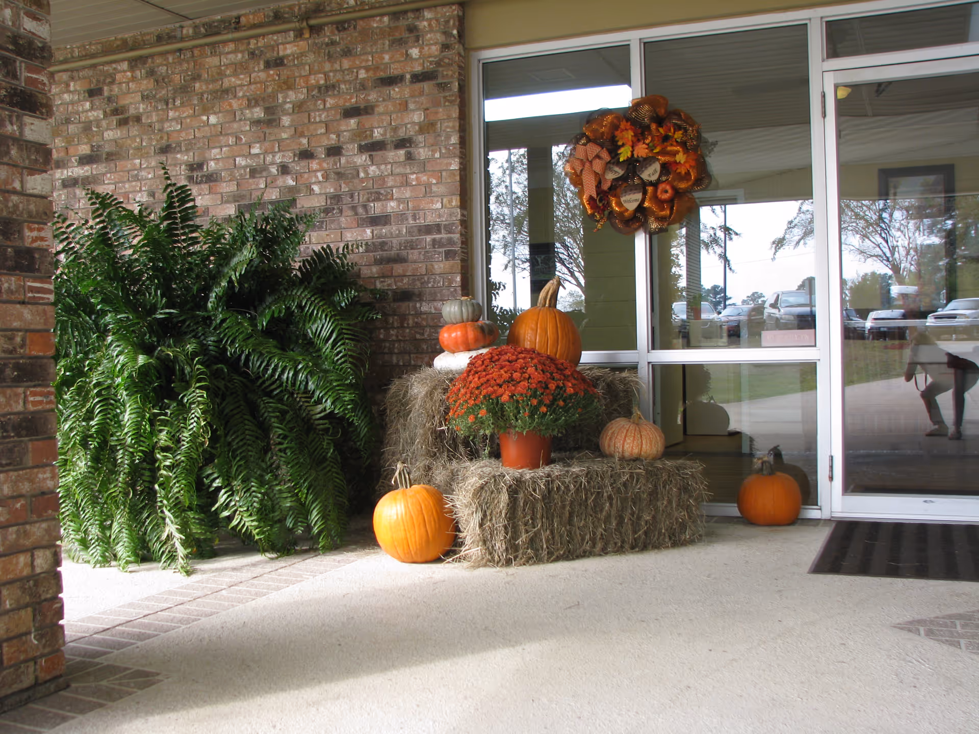 Entrance area of a building with a brick wall, a large green fern plant, and a fall-themed decoration including pumpkins, hay bales, a pot of orange flowers, and a wreath on the glass door.