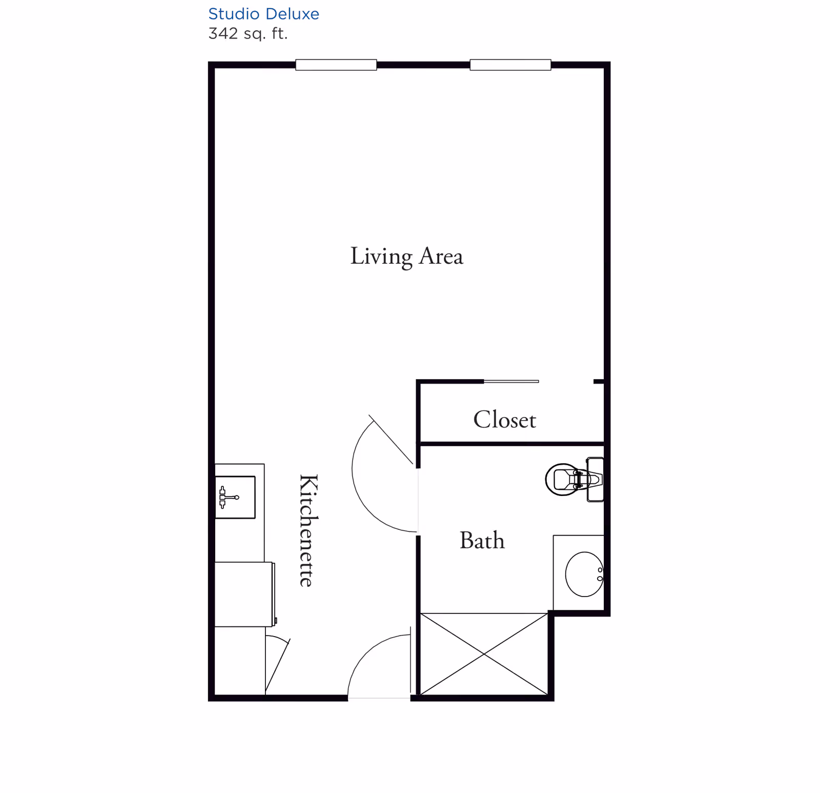 Floor plan of a Studio Deluxe apartment with 342 square feet, showing a living area, kitchenette, closet, and bathroom with a shower, toilet, and sink.