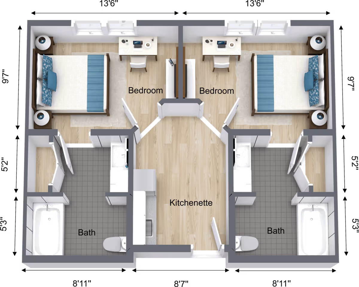 Top-down floor plan rendering of a mirrored two-bedroom layout with a central kitchenette and two bathrooms.