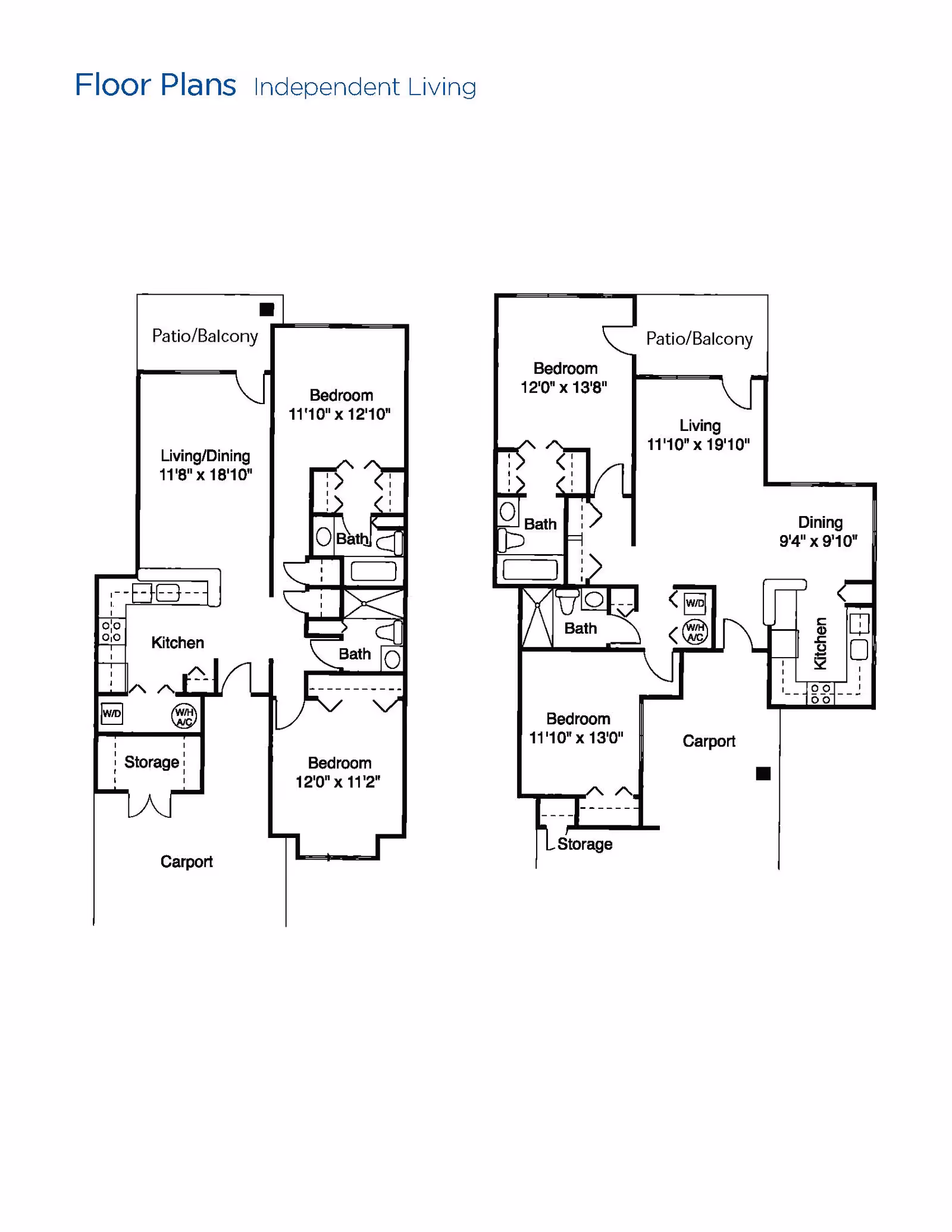 Floor plans for independent living units at Brookdale Club Hill showing two different layouts. Each layout includes bedrooms, bathrooms, kitchen, living/dining areas, patio/balcony, storage, and carport spaces with dimensions labeled.
