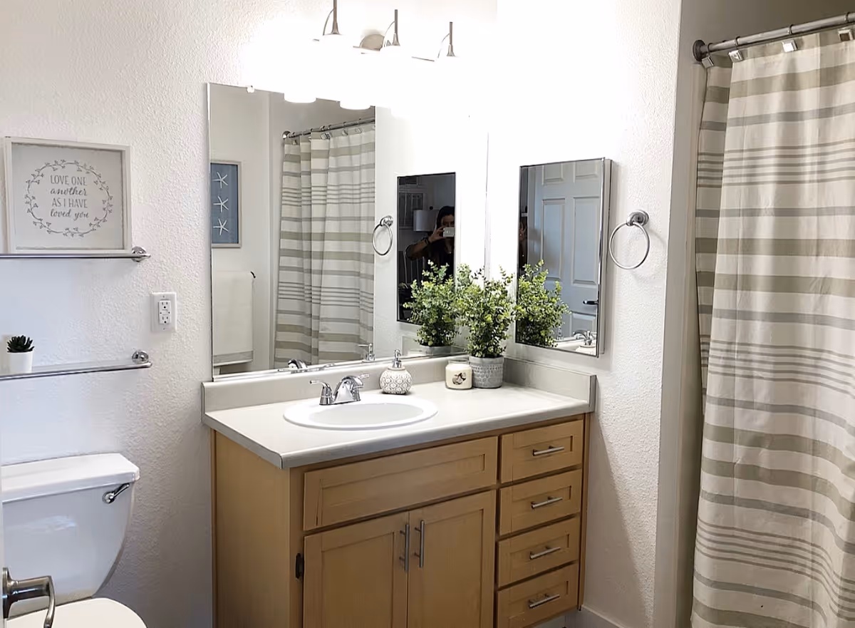 A clean and bright bathroom featuring a wooden vanity with a white countertop and sink, a large mirror above the sink, a striped shower curtain, a toilet, and decorative items including a small plant and framed wall art.