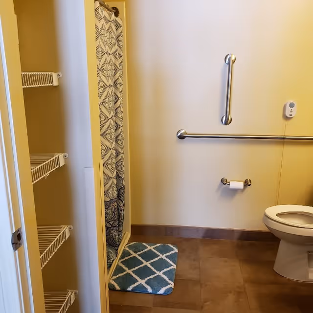 Bathroom with a toilet, grab bars on the wall, a toilet paper holder, a patterned shower curtain, a blue and white bath mat, and open shelving on the left side.