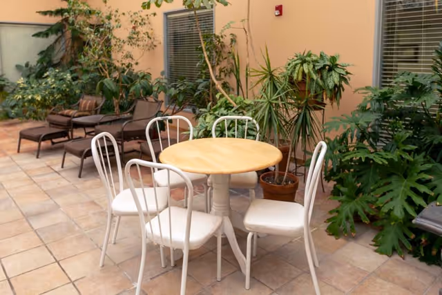 Indoor patio area with a round wooden table surrounded by five white metal chairs with white cushions. Several potted plants and greenery are placed along the walls, and there are two brown lounge chairs in the background. The floor is tiled, and the walls have windows with blinds.