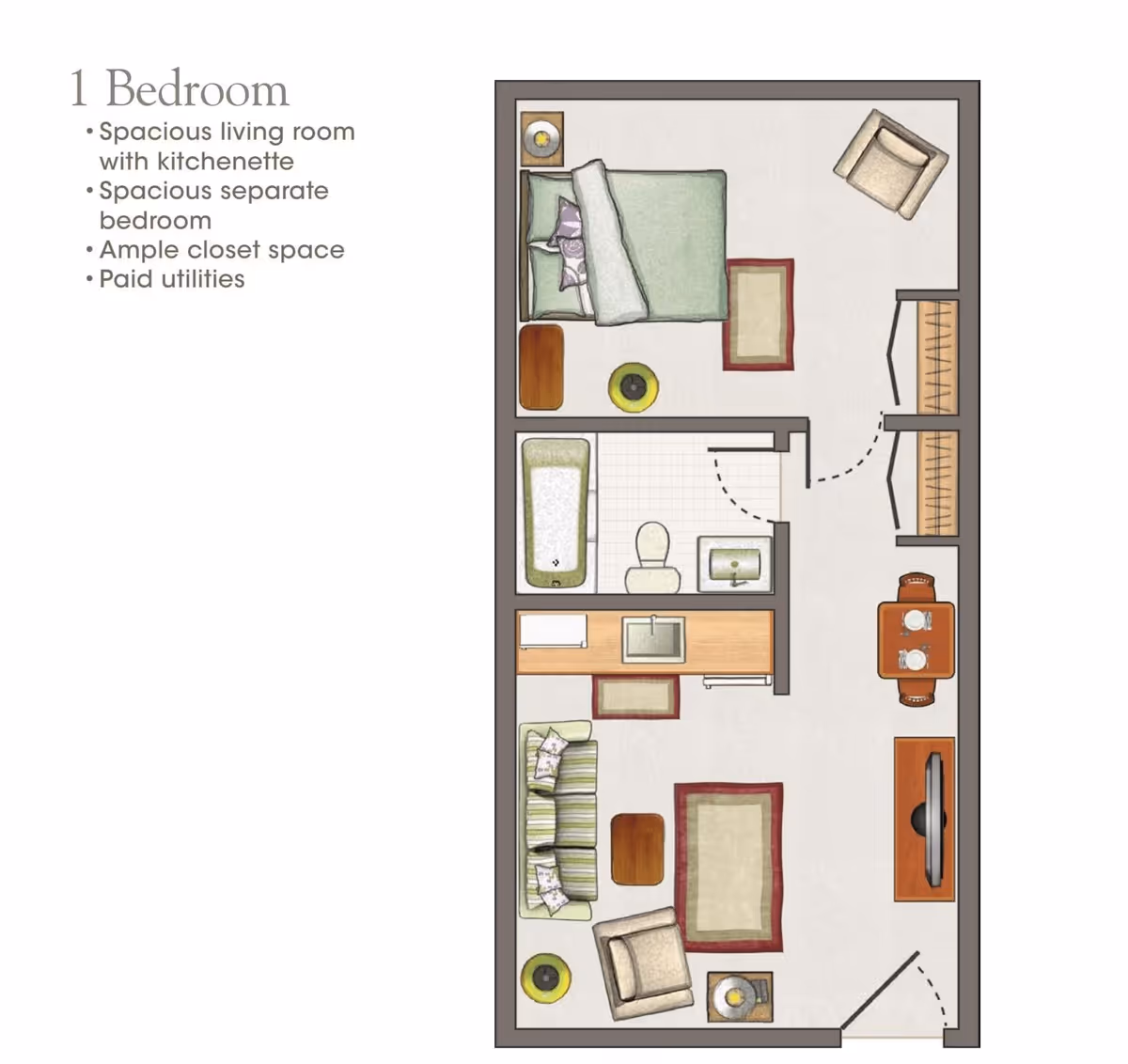 Floor plan of a one-bedroom apartment featuring a spacious living room with a kitchenette, a separate bedroom with a bed and chair, a bathroom with a bathtub, toilet, and sink, and ample closet space. The living room includes a sofa, armchair, coffee table, dining table with two chairs, and a TV stand. Text on the left highlights features: spacious living room with kitchenette, spacious separate bedroom, ample closet space, and paid utilities.