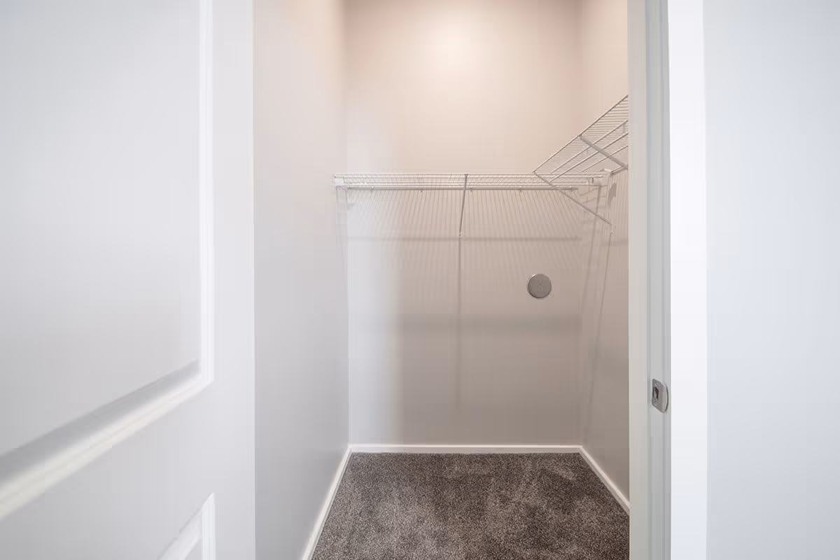 Empty small walk-in closet with carpeted floor and white wire shelving.