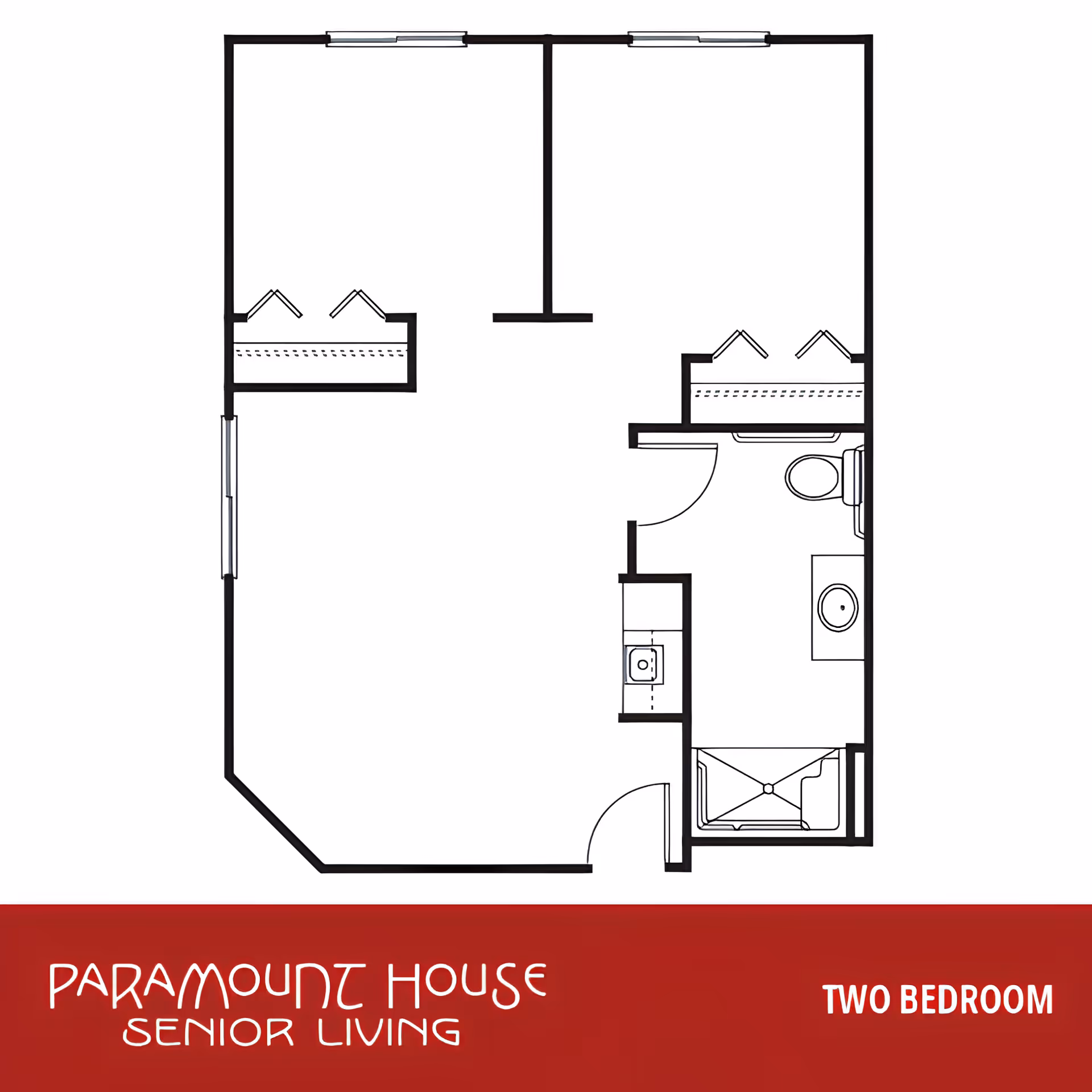 Black-and-white floor plan of a two-bedroom senior living apartment labeled "Paramount House Senior Living".