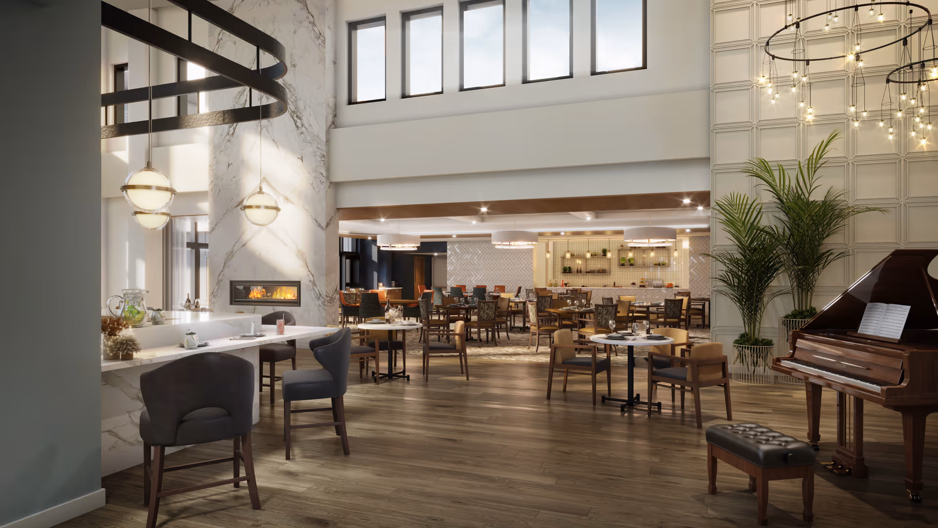 Spacious elegant dining and lounge area with tables, bar seating, a fireplace and a grand piano.