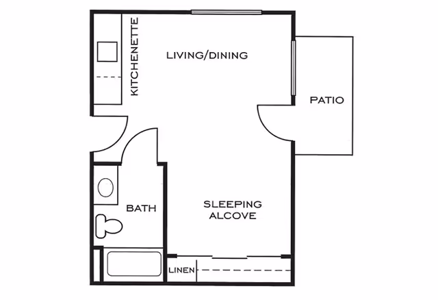 Floor plan of a small living space at Ashwood Place showing a kitchenette, living/dining area, sleeping alcove, bathroom with bathtub and toilet, linen closet, and a patio.