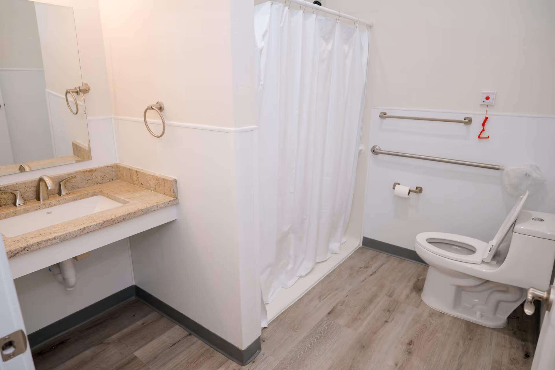 A clean, accessible bathroom with a white toilet, grab bars on the wall, a shower with a white curtain, a sink with a granite countertop, and a mirror above the sink. The floor has wood-like vinyl flooring.